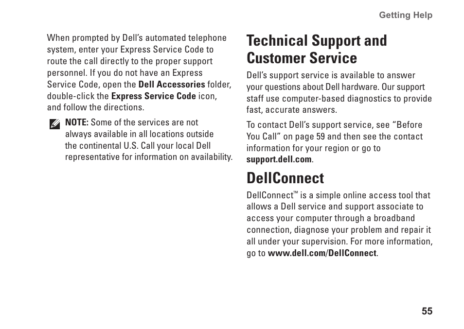 Technical support and customer service, Dellconnect, Technical support and customer | Service dellconnect | Dell Inspiron One 19 (Mid 2009) User Manual | Page 57 / 76