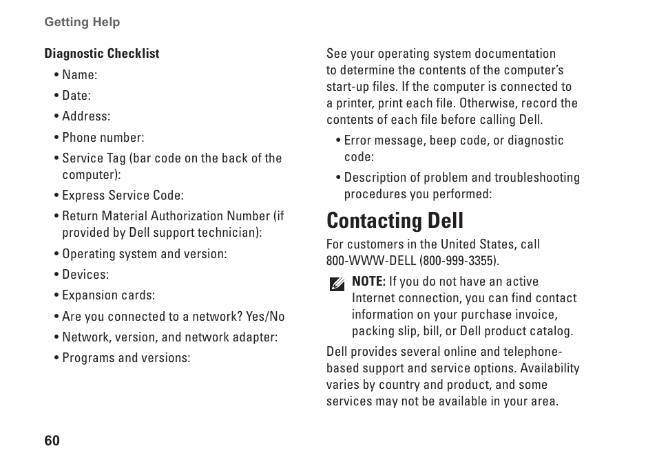 Contacting dell, 60 for | Dell Inspiron One 19 (Mid 2009) User Manual | Page 62 / 76