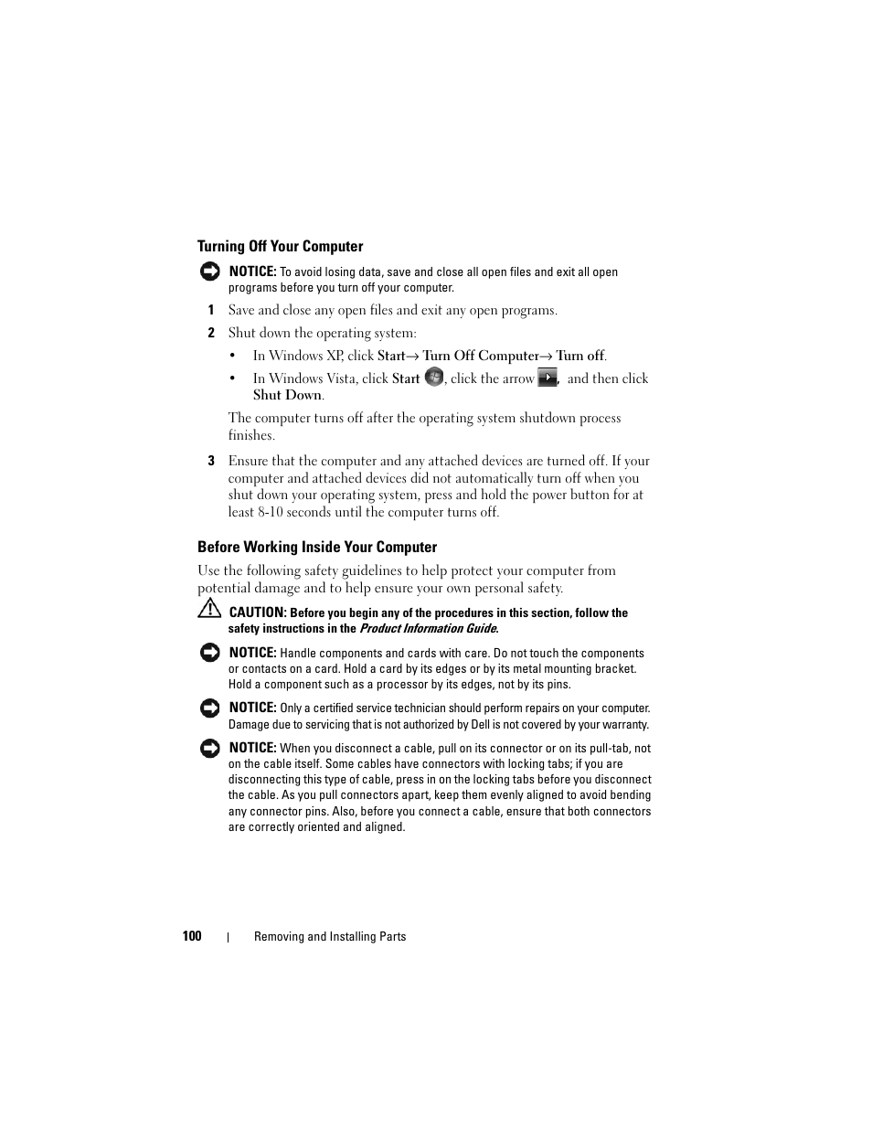 Turning off your computer, Before working inside your computer | Dell Vostro 200 (Mid 2007) User Manual | Page 100 / 210