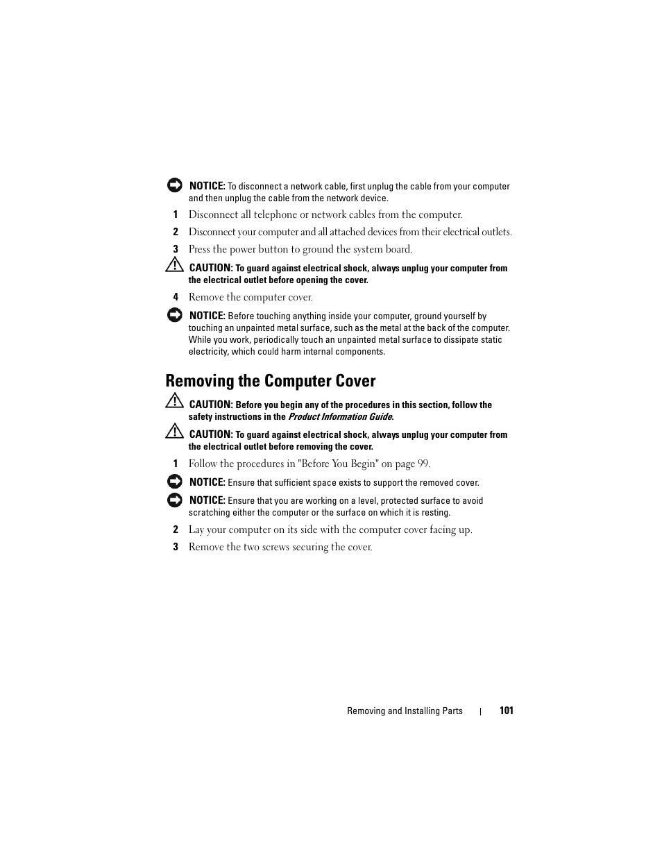 Removing the computer cover | Dell Vostro 200 (Mid 2007) User Manual | Page 101 / 210