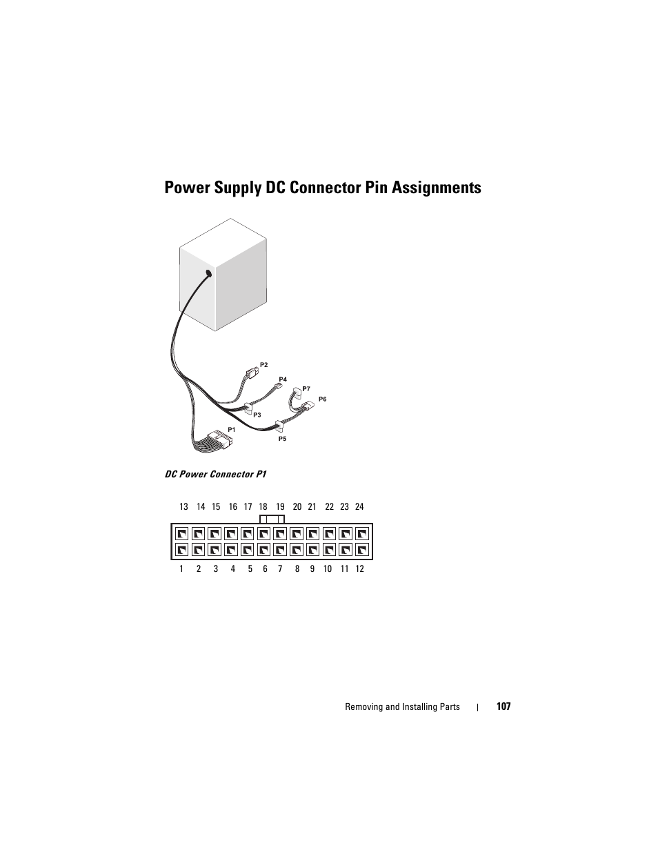 Power supply dc connector pin assignments | Dell Vostro 200 (Mid 2007) User Manual | Page 107 / 210