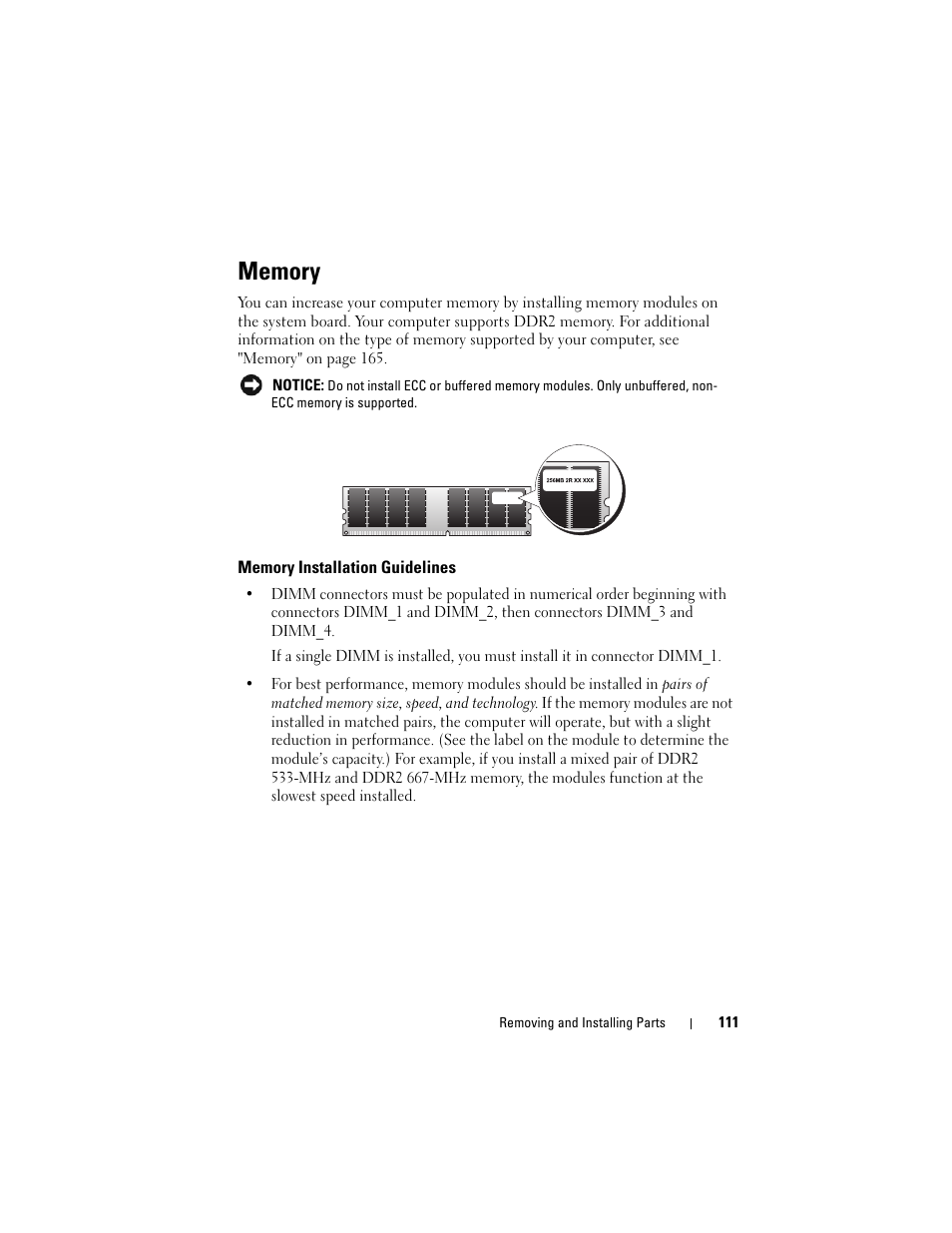 Memory, Memory installation guidelines | Dell Vostro 200 (Mid 2007) User Manual | Page 111 / 210