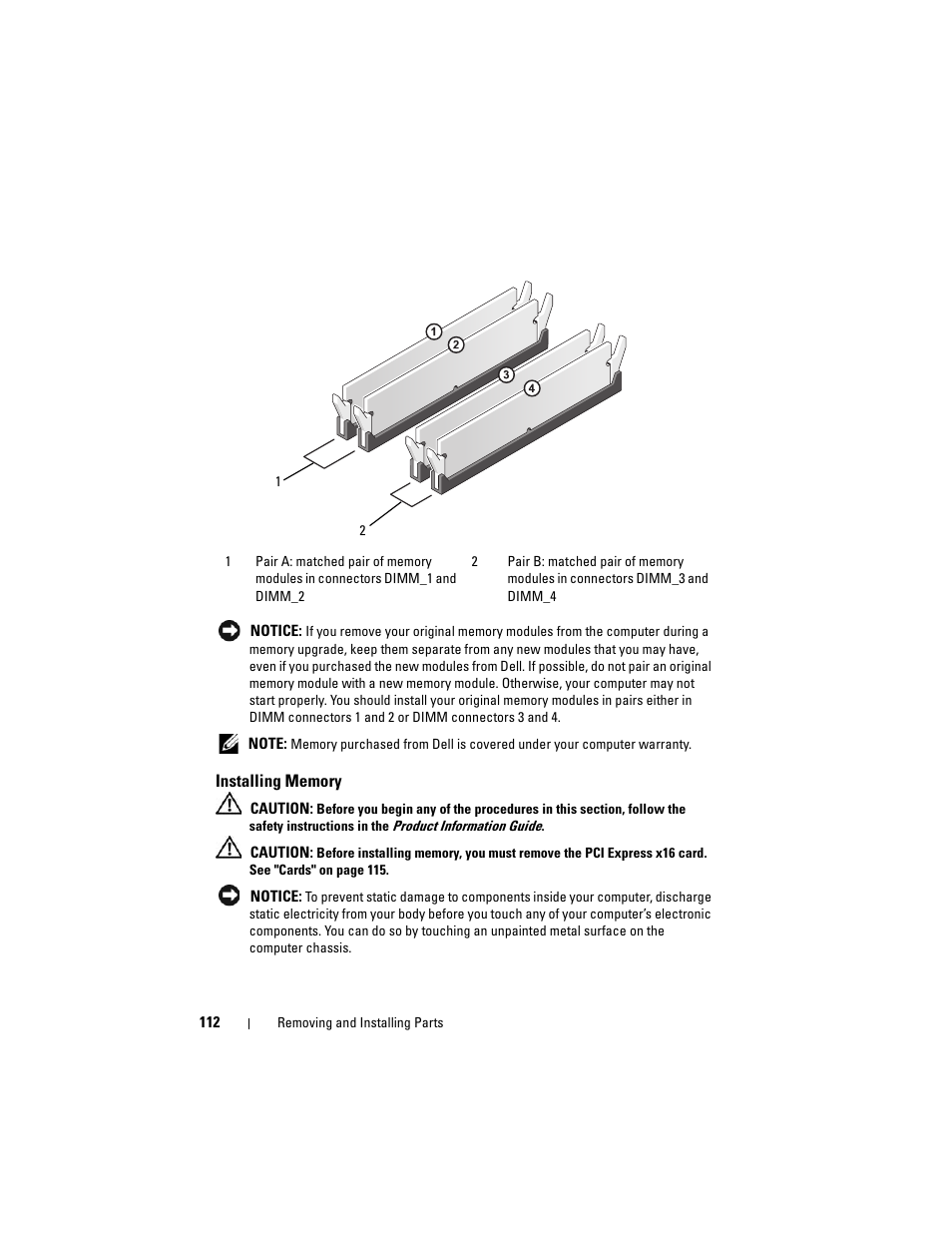 Installing memory, Installation guidelines (see "installing | Dell Vostro 200 (Mid 2007) User Manual | Page 112 / 210