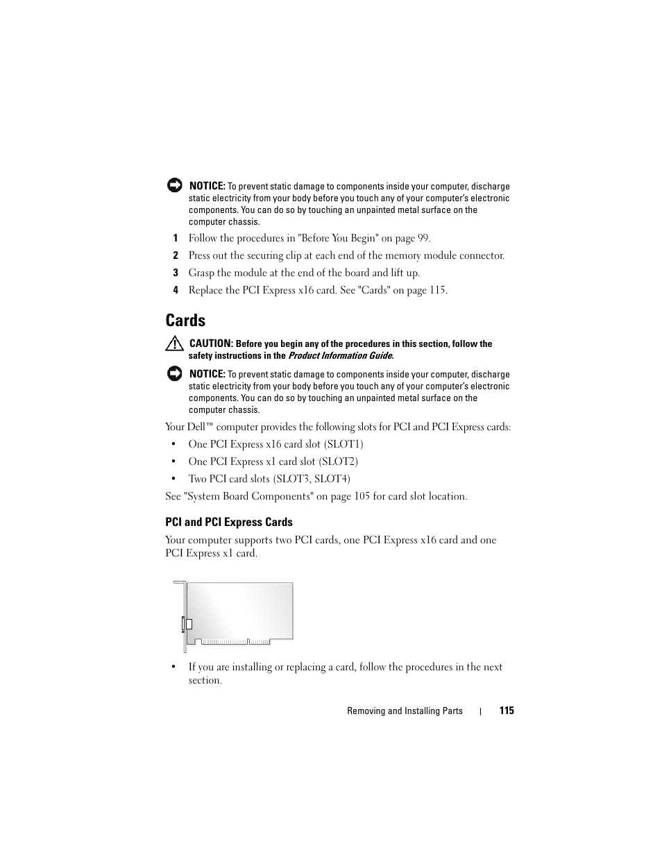 Cards, Pci and pci express cards | Dell Vostro 200 (Mid 2007) User Manual | Page 115 / 210