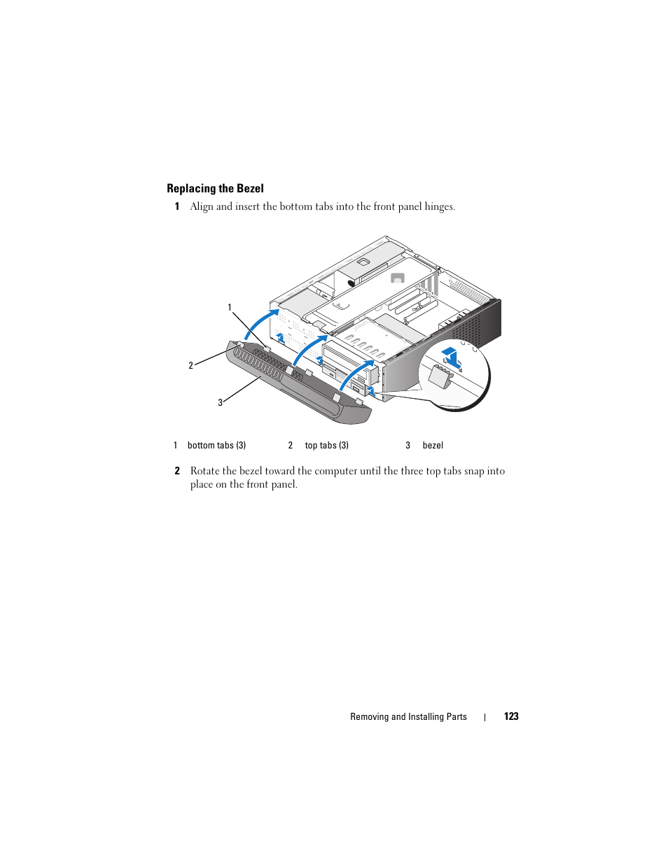 Replacing the bezel | Dell Vostro 200 (Mid 2007) User Manual | Page 123 / 210