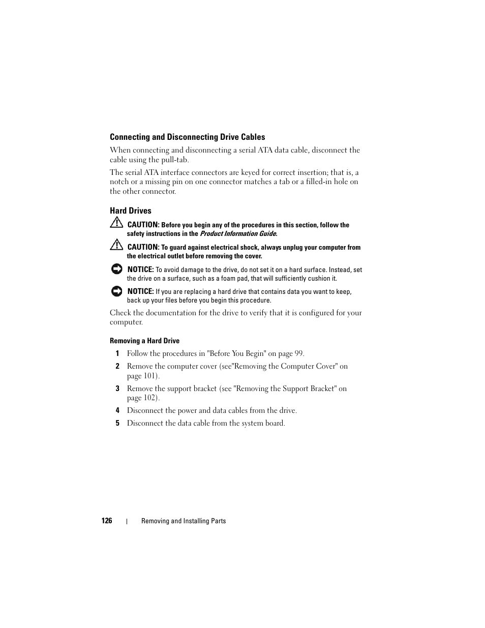 Connecting and disconnecting drive cables, Hard drives | Dell Vostro 200 (Mid 2007) User Manual | Page 126 / 210