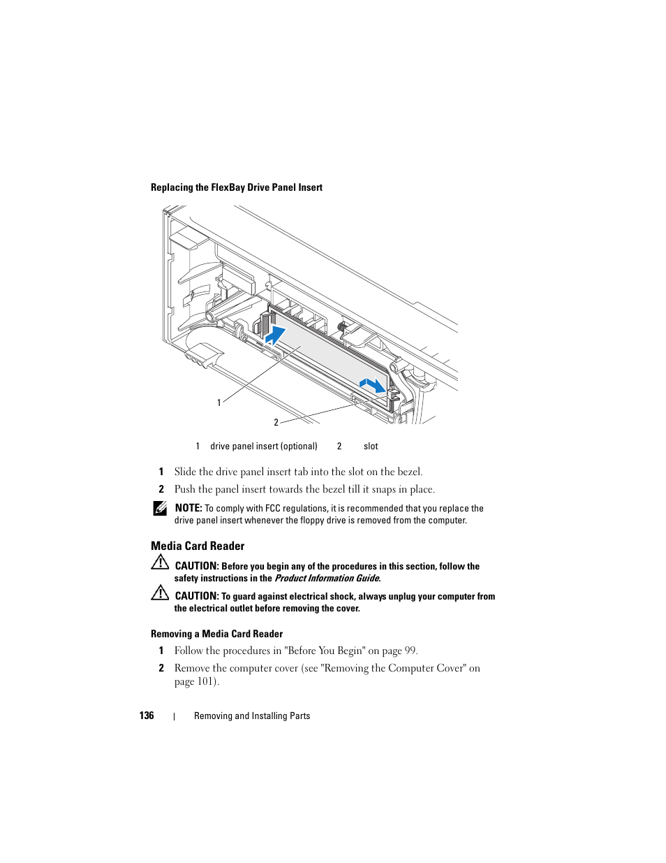 Media card reader, Replacing the flexbay drive panel | Dell Vostro 200 (Mid 2007) User Manual | Page 136 / 210