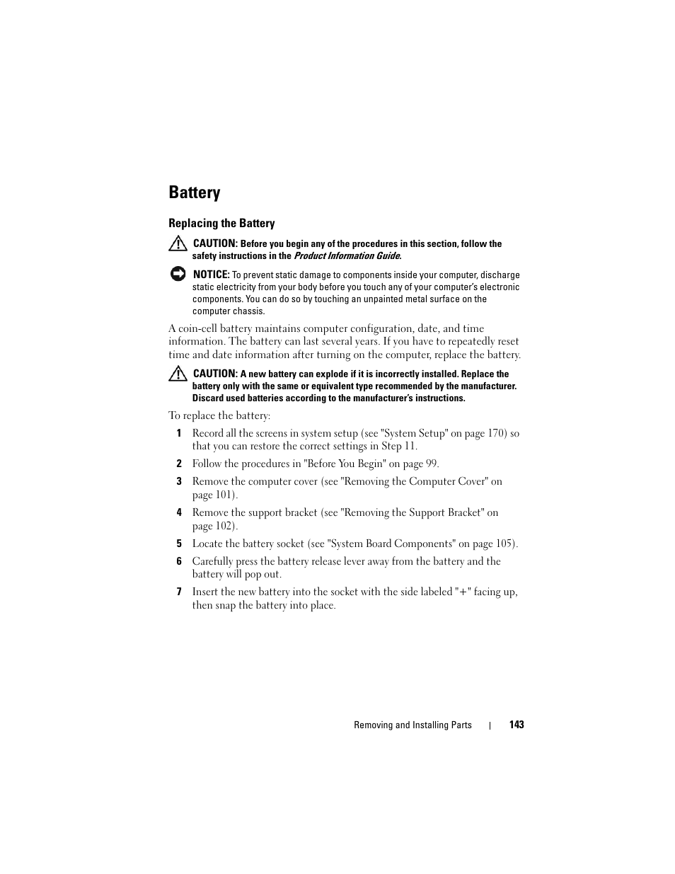 Battery, Replacing the battery | Dell Vostro 200 (Mid 2007) User Manual | Page 143 / 210