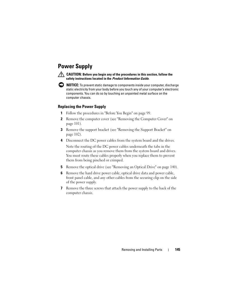 Power supply, Replacing the power supply | Dell Vostro 200 (Mid 2007) User Manual | Page 145 / 210