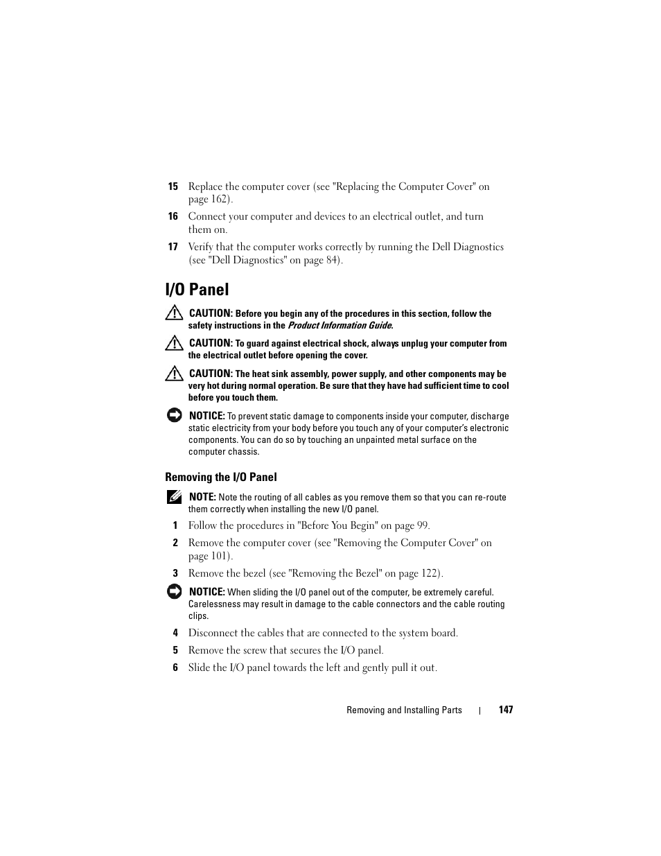 I/o panel, Removing the i/o panel | Dell Vostro 200 (Mid 2007) User Manual | Page 147 / 210