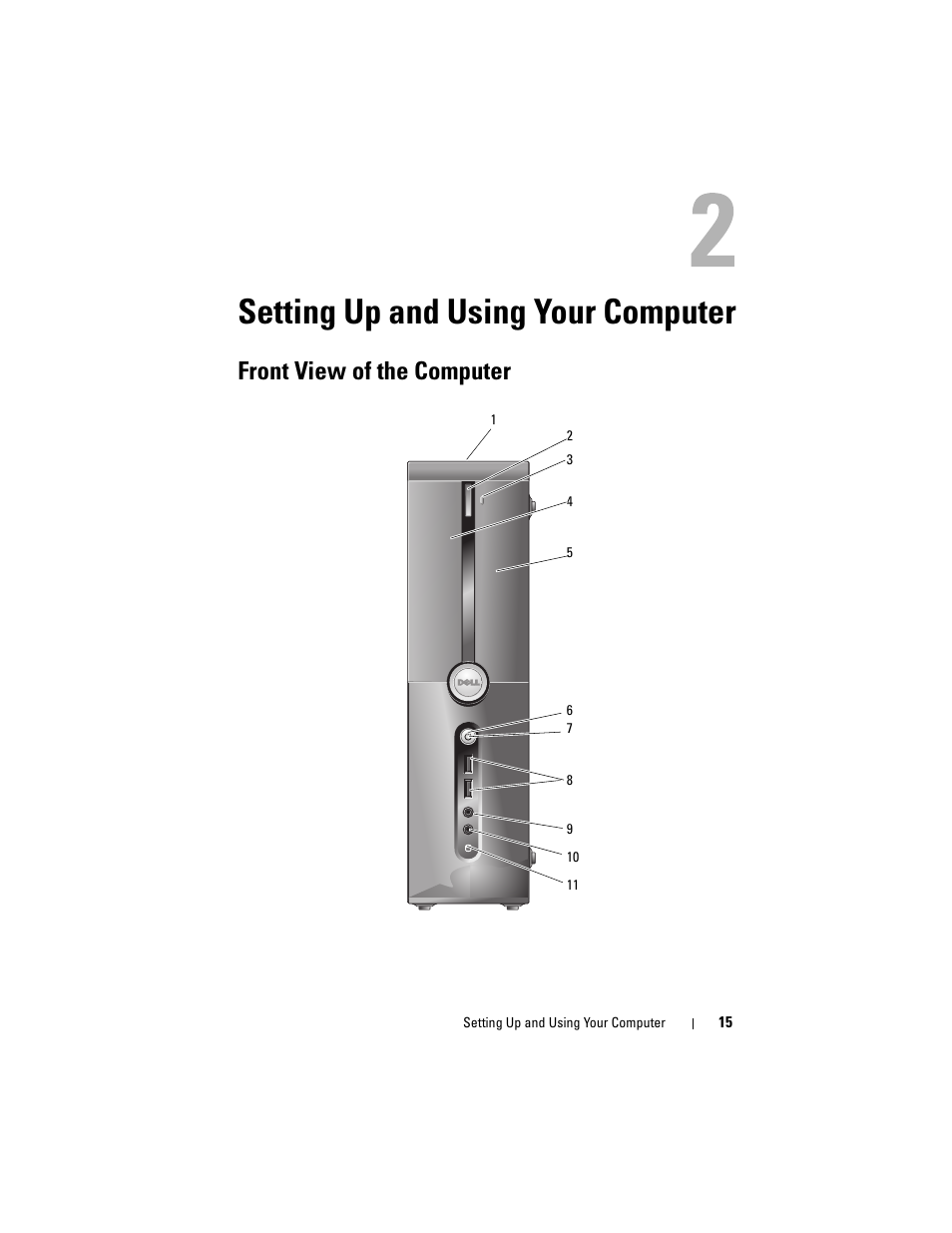 Setting up and using your computer, Front view of the computer | Dell Vostro 200 (Mid 2007) User Manual | Page 15 / 210