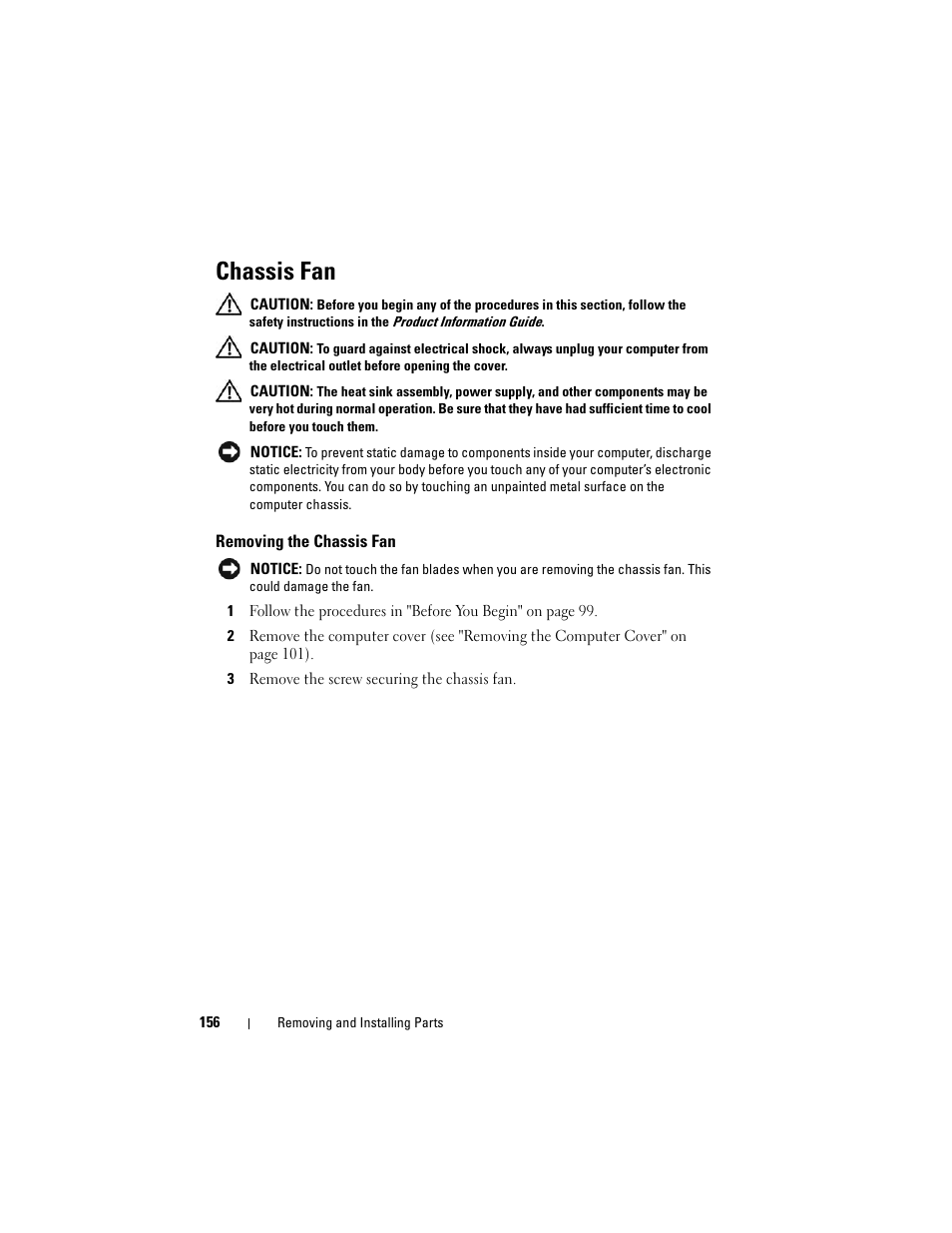 Chassis fan, Removing the chassis fan | Dell Vostro 200 (Mid 2007) User Manual | Page 156 / 210