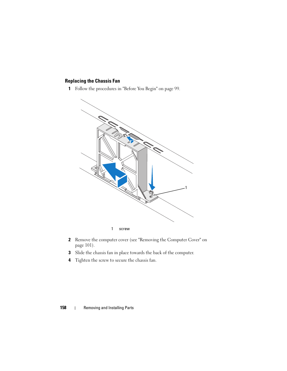 Replacing the chassis fan | Dell Vostro 200 (Mid 2007) User Manual | Page 158 / 210