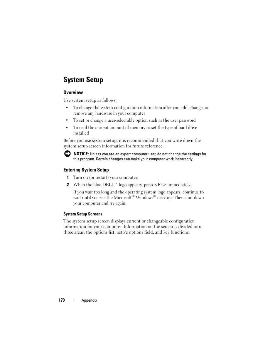 System setup, Overview, Entering system setup | Nfiguration changes (see "entering, Tup (see "entering system setup" on | Dell Vostro 200 (Mid 2007) User Manual | Page 170 / 210