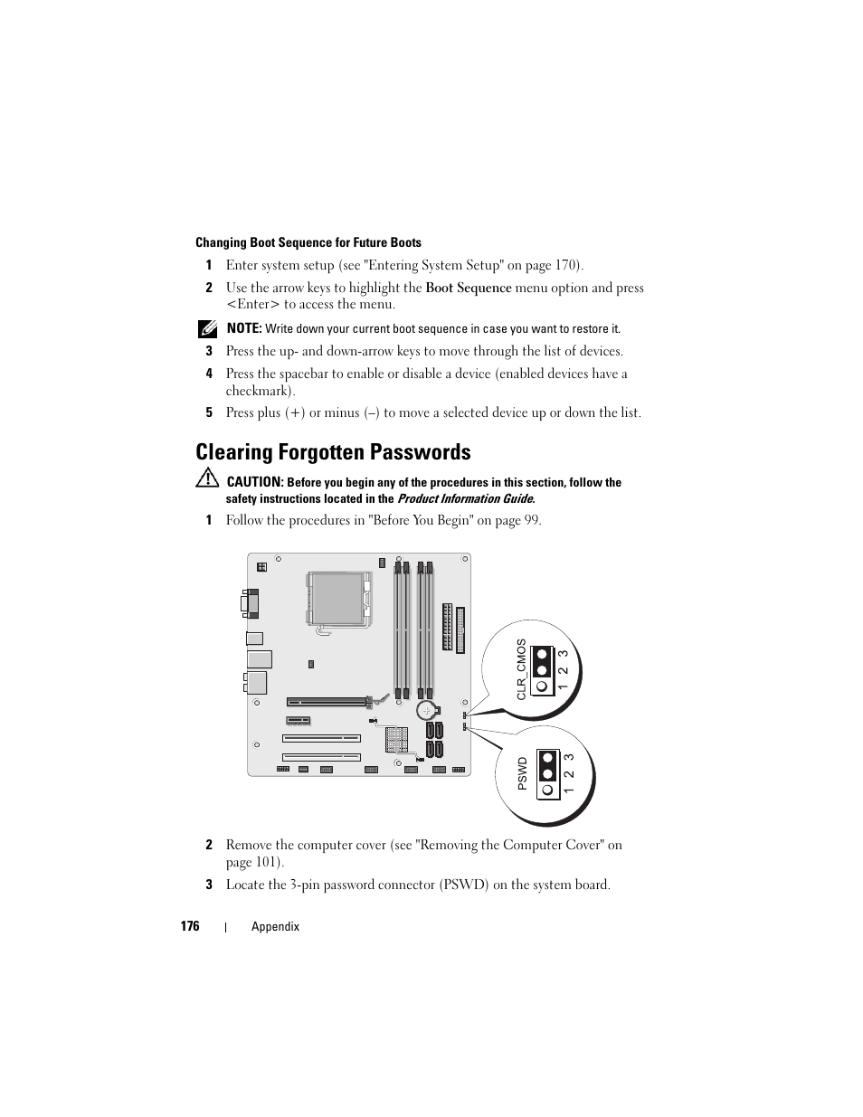 Clearing forgotten passwords | Dell Vostro 200 (Mid 2007) User Manual | Page 176 / 210