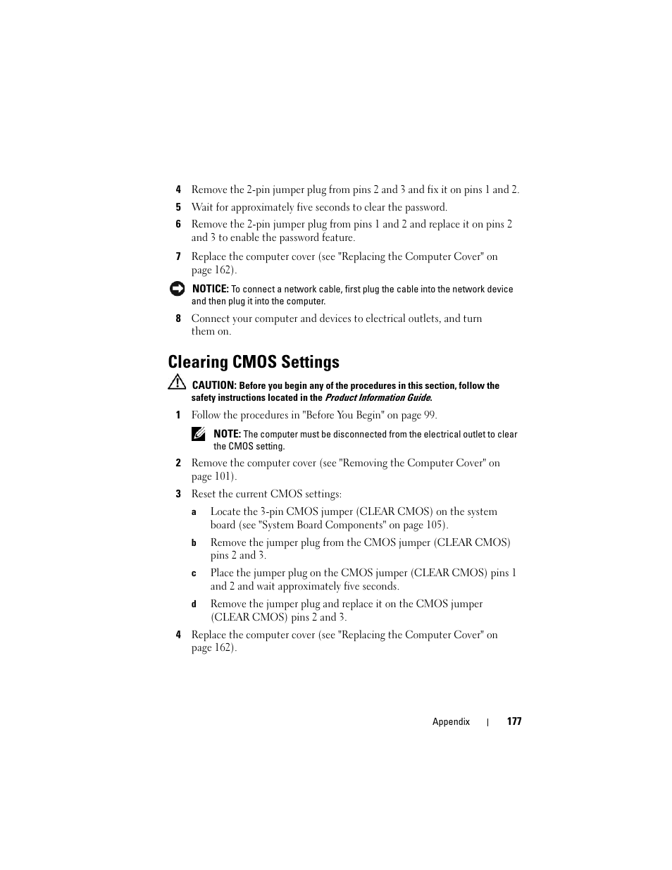 Clearing cmos settings | Dell Vostro 200 (Mid 2007) User Manual | Page 177 / 210