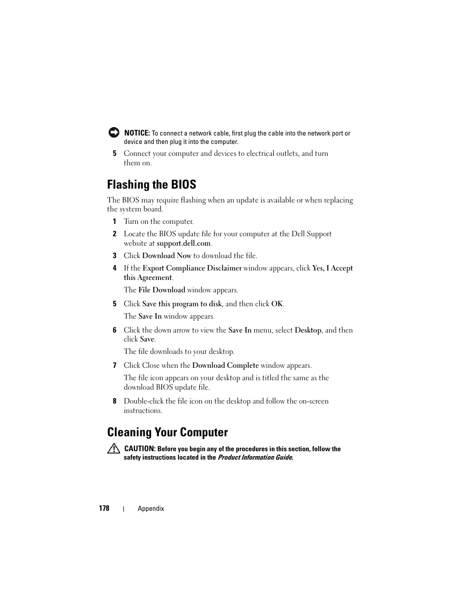 Flashing the bios, Cleaning your computer | Dell Vostro 200 (Mid 2007) User Manual | Page 178 / 210