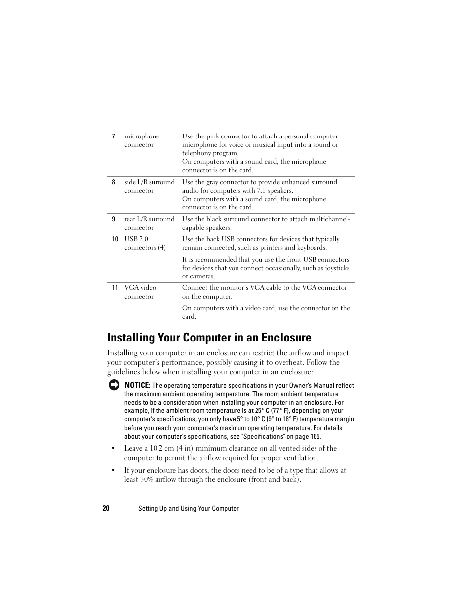 Installing your computer in an enclosure | Dell Vostro 200 (Mid 2007) User Manual | Page 20 / 210