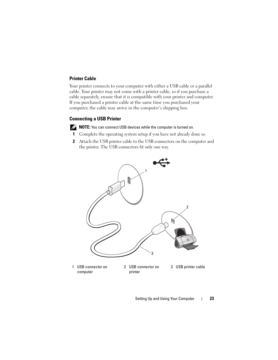 Printer cable, Connecting a usb printer | Dell Vostro 200 (Mid 2007) User Manual | Page 23 / 210