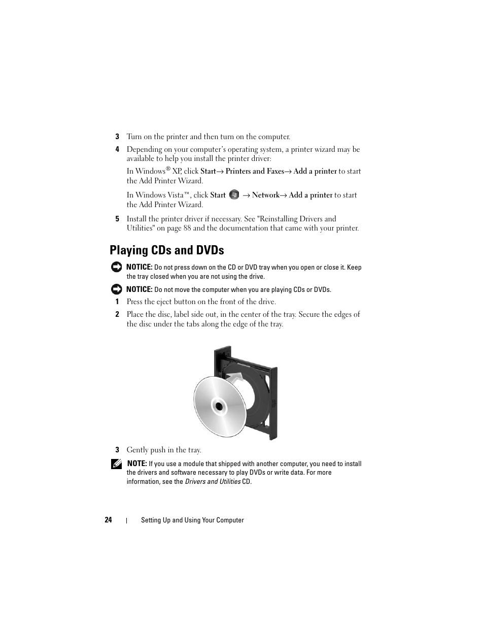 Playing cds and dvds | Dell Vostro 200 (Mid 2007) User Manual | Page 24 / 210