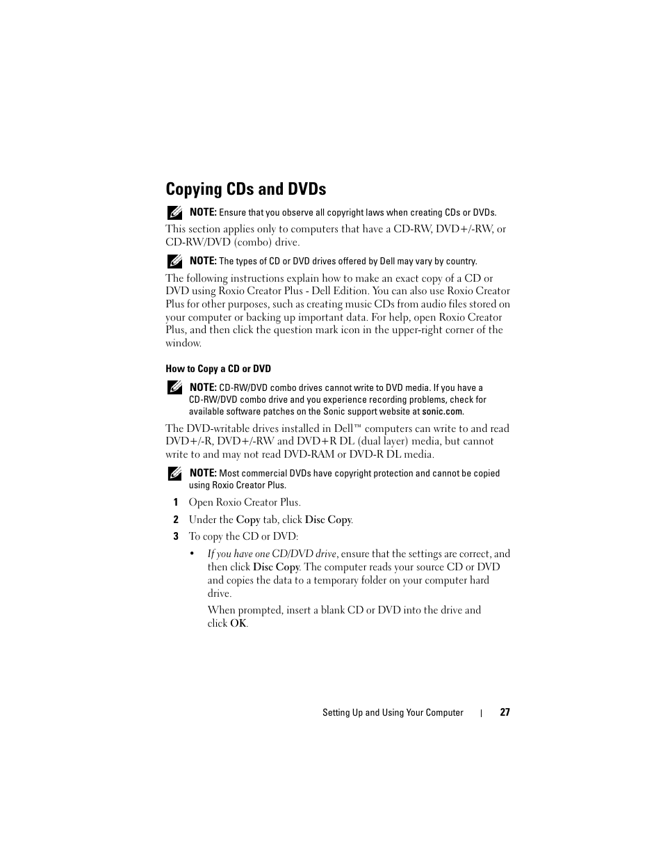 Copying cds and dvds | Dell Vostro 200 (Mid 2007) User Manual | Page 27 / 210