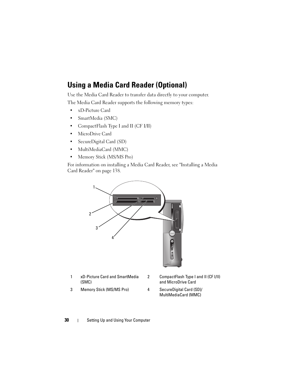 Using a media card reader (optional) | Dell Vostro 200 (Mid 2007) User Manual | Page 30 / 210