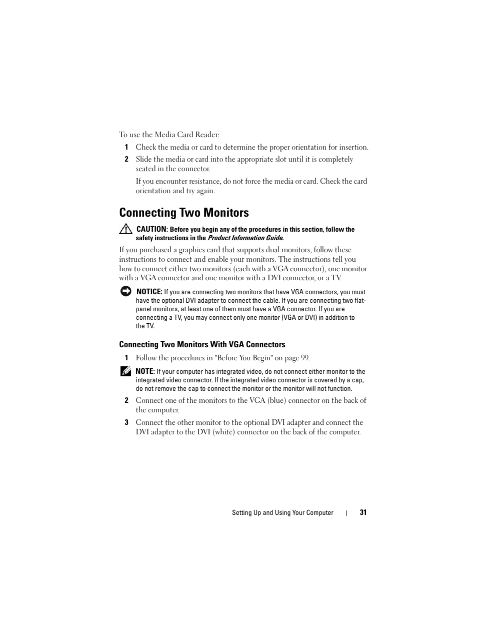 Connecting two monitors, Connecting two monitors with vga connectors | Dell Vostro 200 (Mid 2007) User Manual | Page 31 / 210