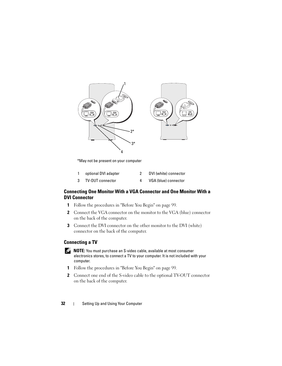 Connecting a tv | Dell Vostro 200 (Mid 2007) User Manual | Page 32 / 210