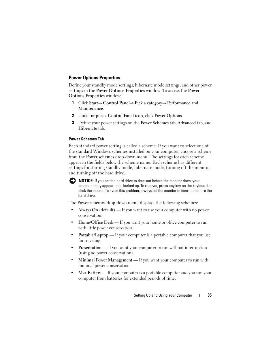 Power options properties, Power schemes tab | Dell Vostro 200 (Mid 2007) User Manual | Page 35 / 210