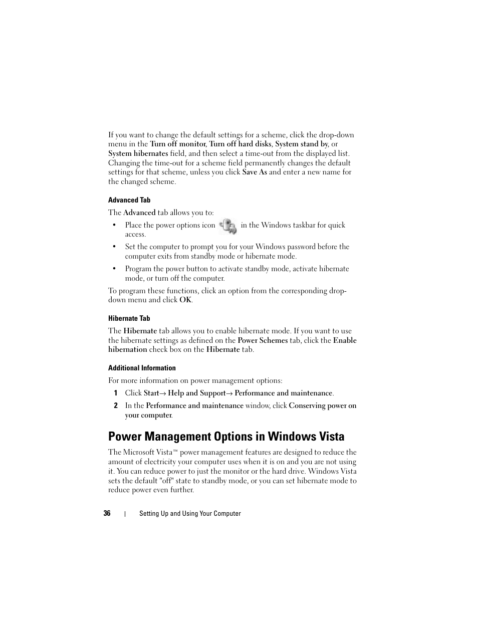 Power management options in windows vista, Advanced, Wer schemes tab, advanced | Dell Vostro 200 (Mid 2007) User Manual | Page 36 / 210