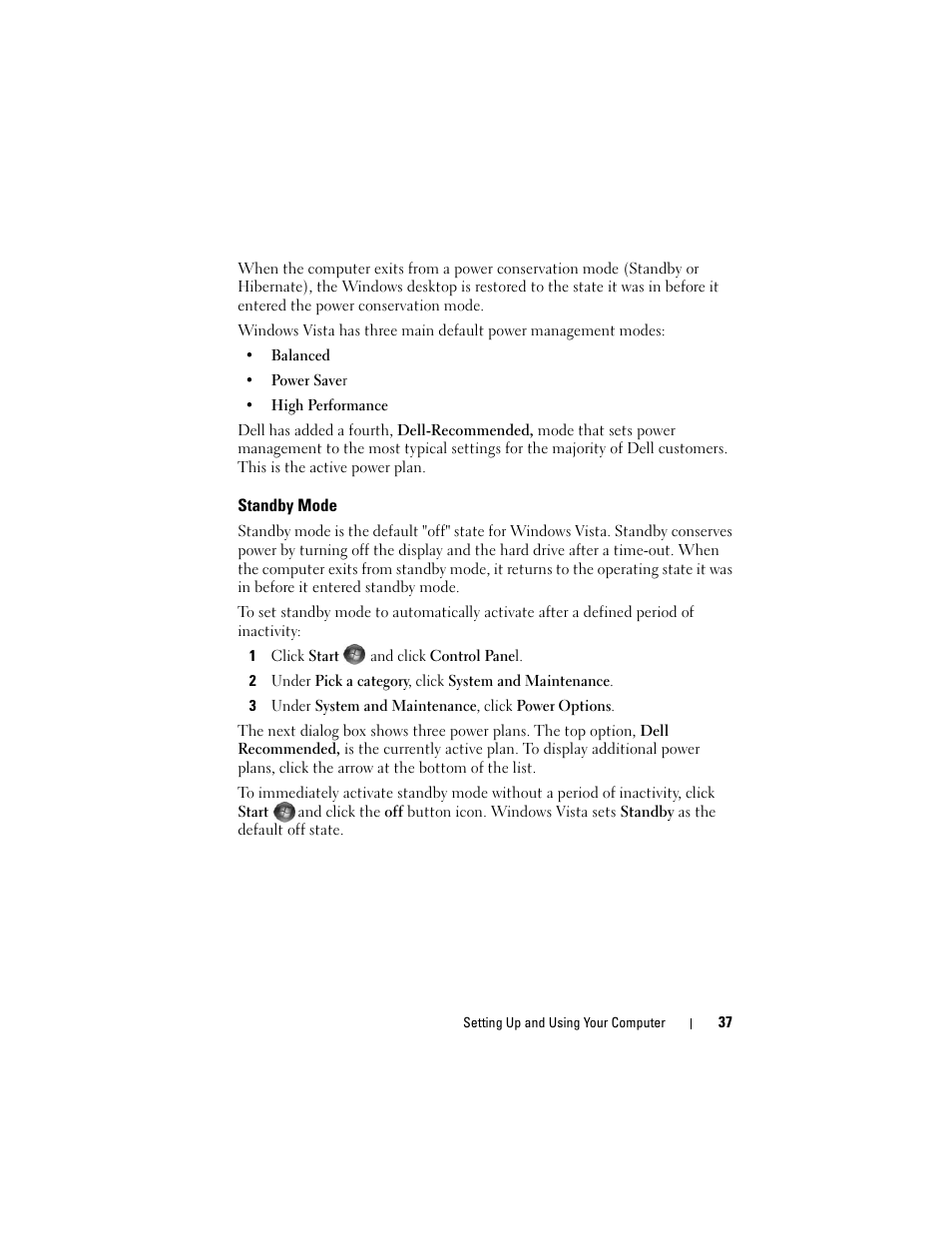 Standby mode | Dell Vostro 200 (Mid 2007) User Manual | Page 37 / 210