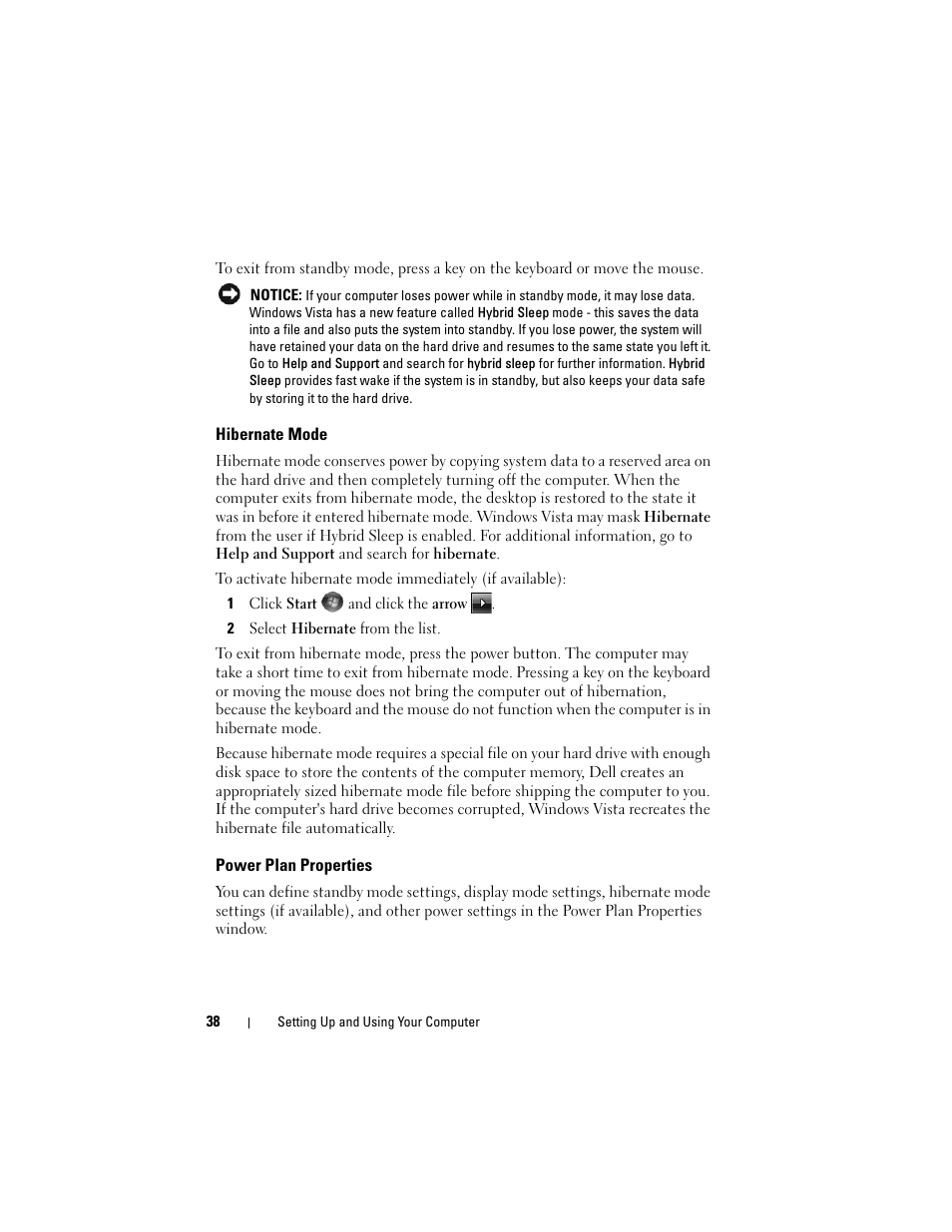 Hibernate mode, Power plan properties | Dell Vostro 200 (Mid 2007) User Manual | Page 38 / 210