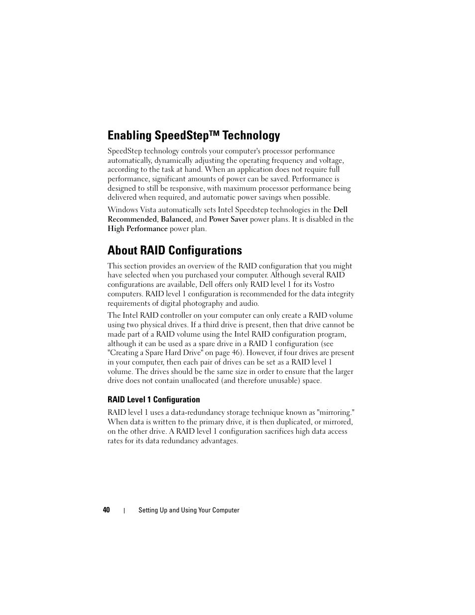 Enabling speedstep™ technology, About raid configurations, Raid level 1 configuration | Tab, and, Hibernate | Dell Vostro 200 (Mid 2007) User Manual | Page 40 / 210