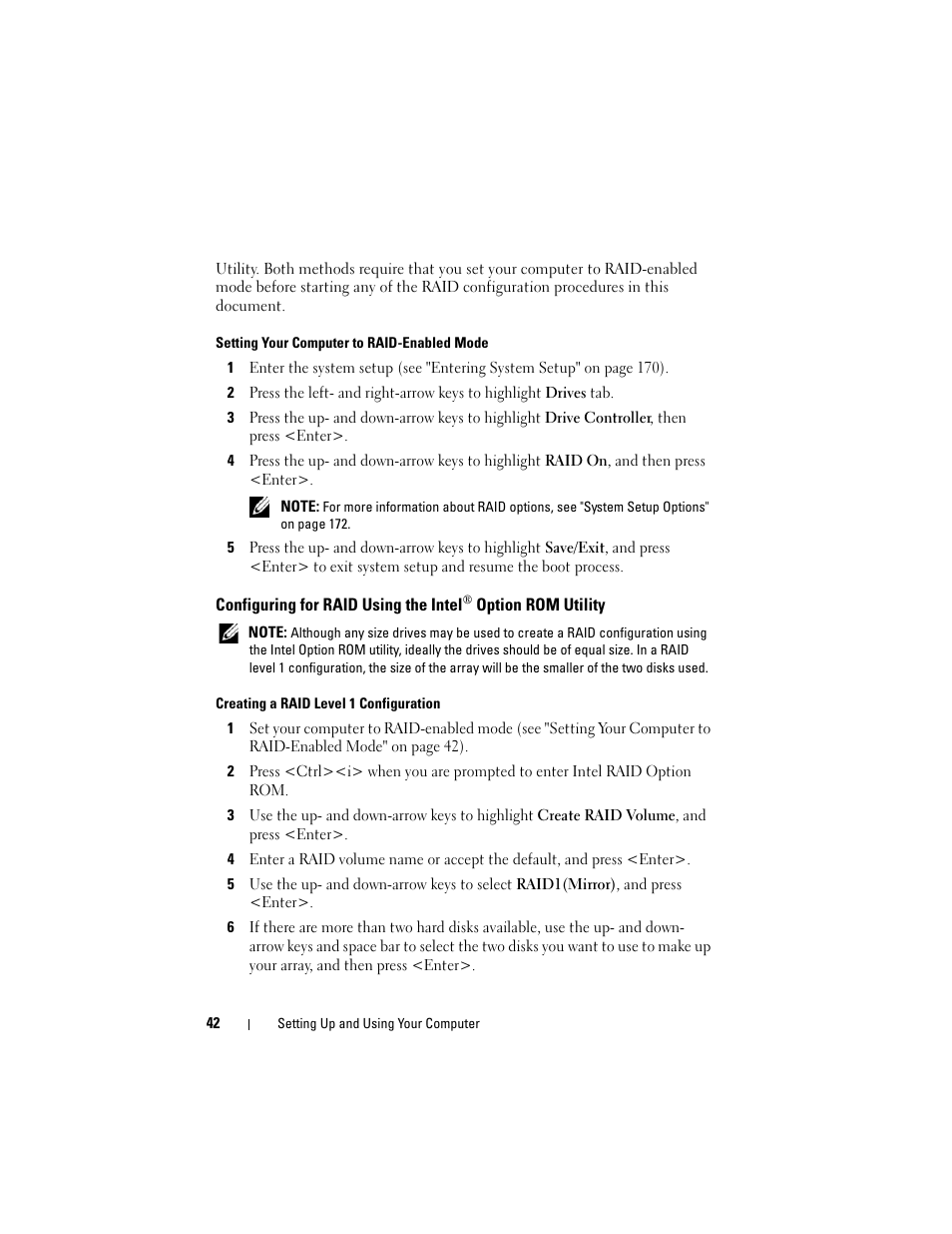 Configuring for raid using the intel | Dell Vostro 200 (Mid 2007) User Manual | Page 42 / 210