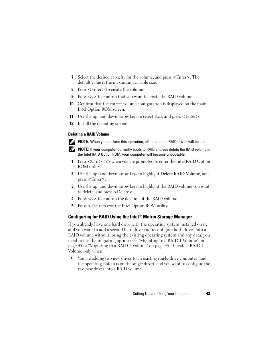 Configuring for raid using the intel | Dell Vostro 200 (Mid 2007) User Manual | Page 43 / 210