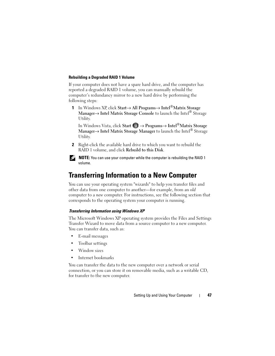 Transferring information to a new computer | Dell Vostro 200 (Mid 2007) User Manual | Page 47 / 210