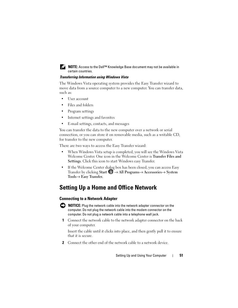 Setting up a home and office network, Connecting to a network adapter | Dell Vostro 200 (Mid 2007) User Manual | Page 51 / 210