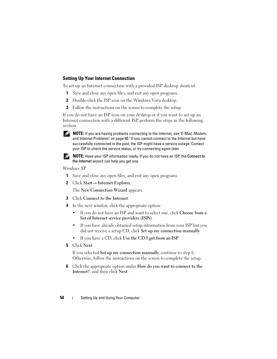 Setting up your internet connection | Dell Vostro 200 (Mid 2007) User Manual | Page 54 / 210
