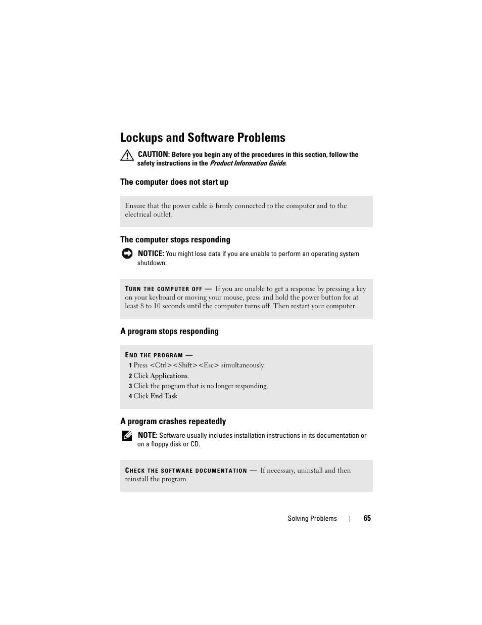 Lockups and software problems, The computer does not start up, The computer stops responding | A program stops responding, A program crashes repeatedly | Dell Vostro 200 (Mid 2007) User Manual | Page 65 / 210