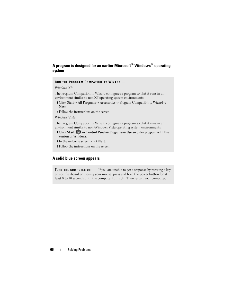 A solid blue screen appears, A program is designed for an earlier microsoft | Dell Vostro 200 (Mid 2007) User Manual | Page 66 / 210