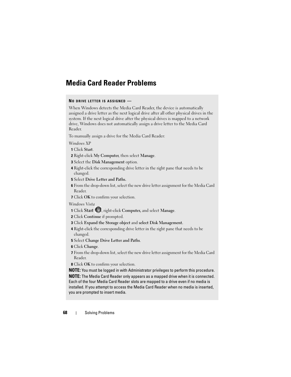 Media card reader problems | Dell Vostro 200 (Mid 2007) User Manual | Page 68 / 210