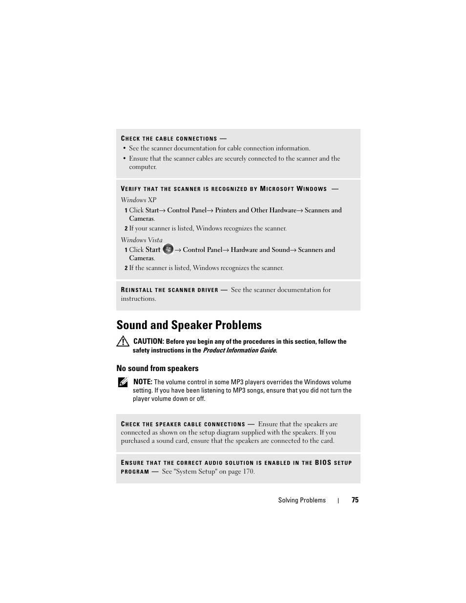 Sound and speaker problems, No sound from speakers | Dell Vostro 200 (Mid 2007) User Manual | Page 75 / 210