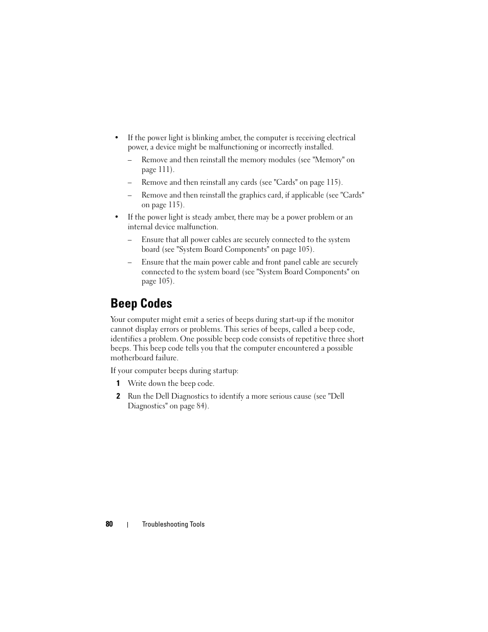Beep codes | Dell Vostro 200 (Mid 2007) User Manual | Page 80 / 210
