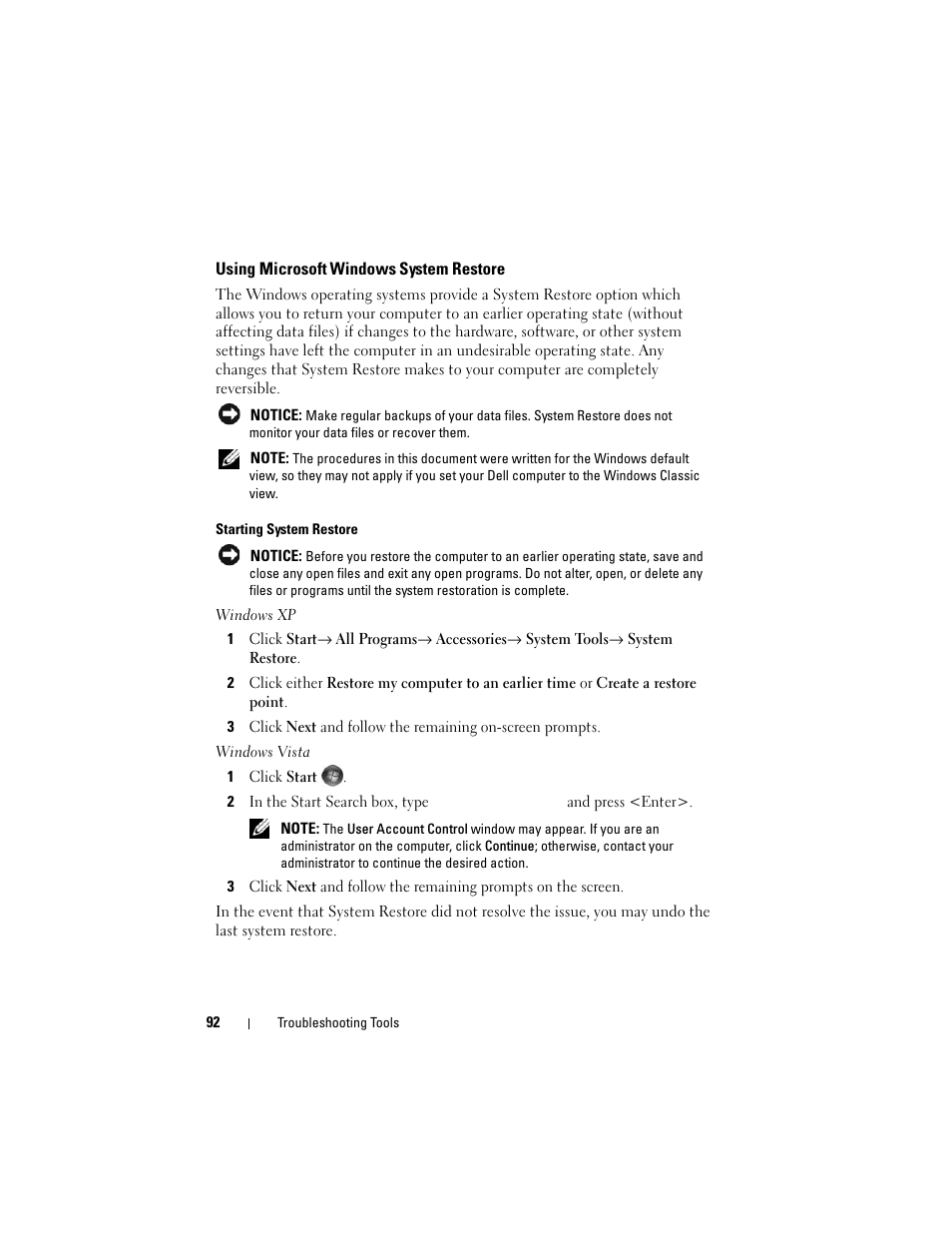 Using microsoft windows system restore, Using microsoft | Dell Vostro 200 (Mid 2007) User Manual | Page 92 / 210