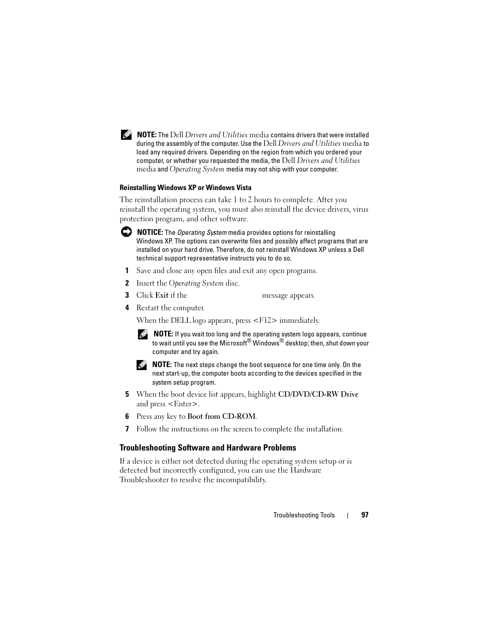 Troubleshooting software and hardware problems | Dell Vostro 200 (Mid 2007) User Manual | Page 97 / 210