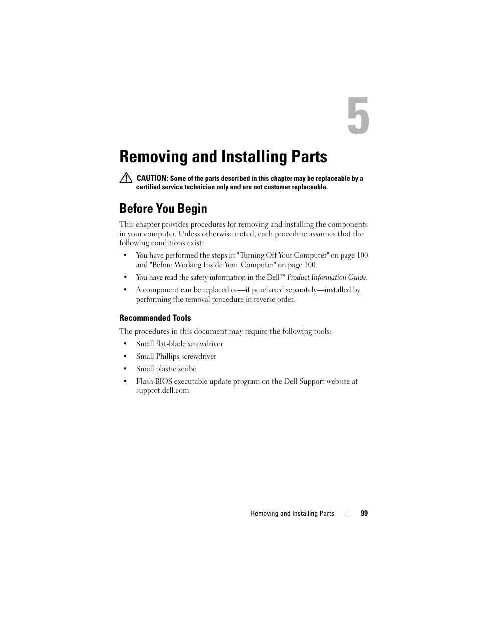 Removing and installing parts, Before you begin, Recommended tools | Dell Vostro 200 (Mid 2007) User Manual | Page 99 / 210