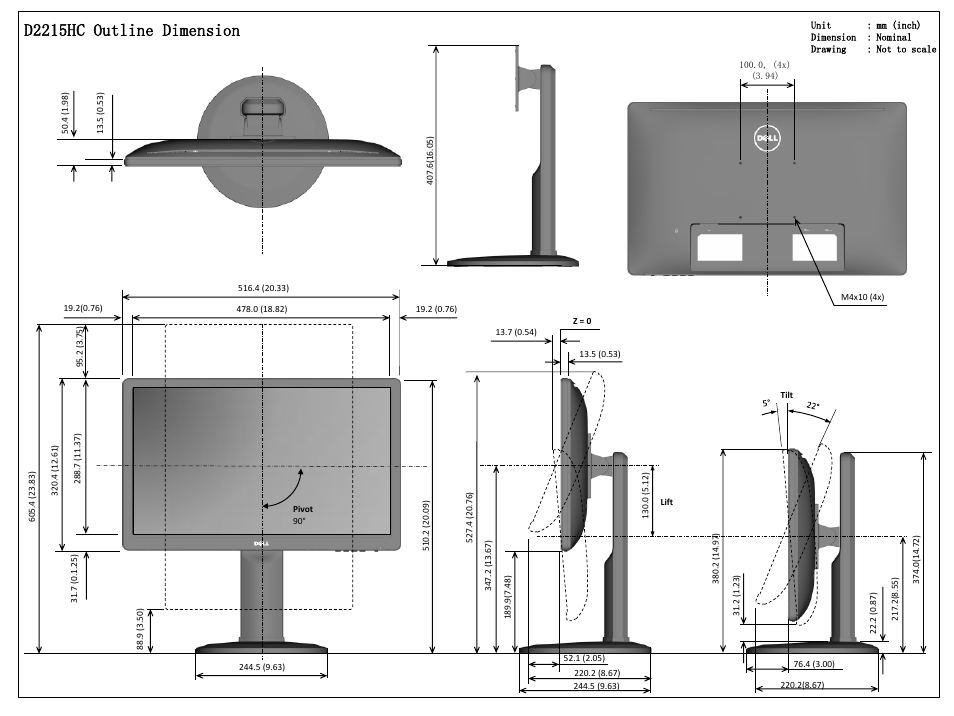D2215h& outline dimension | Dell D2215H Monitor User Manual | Page 2 / 2