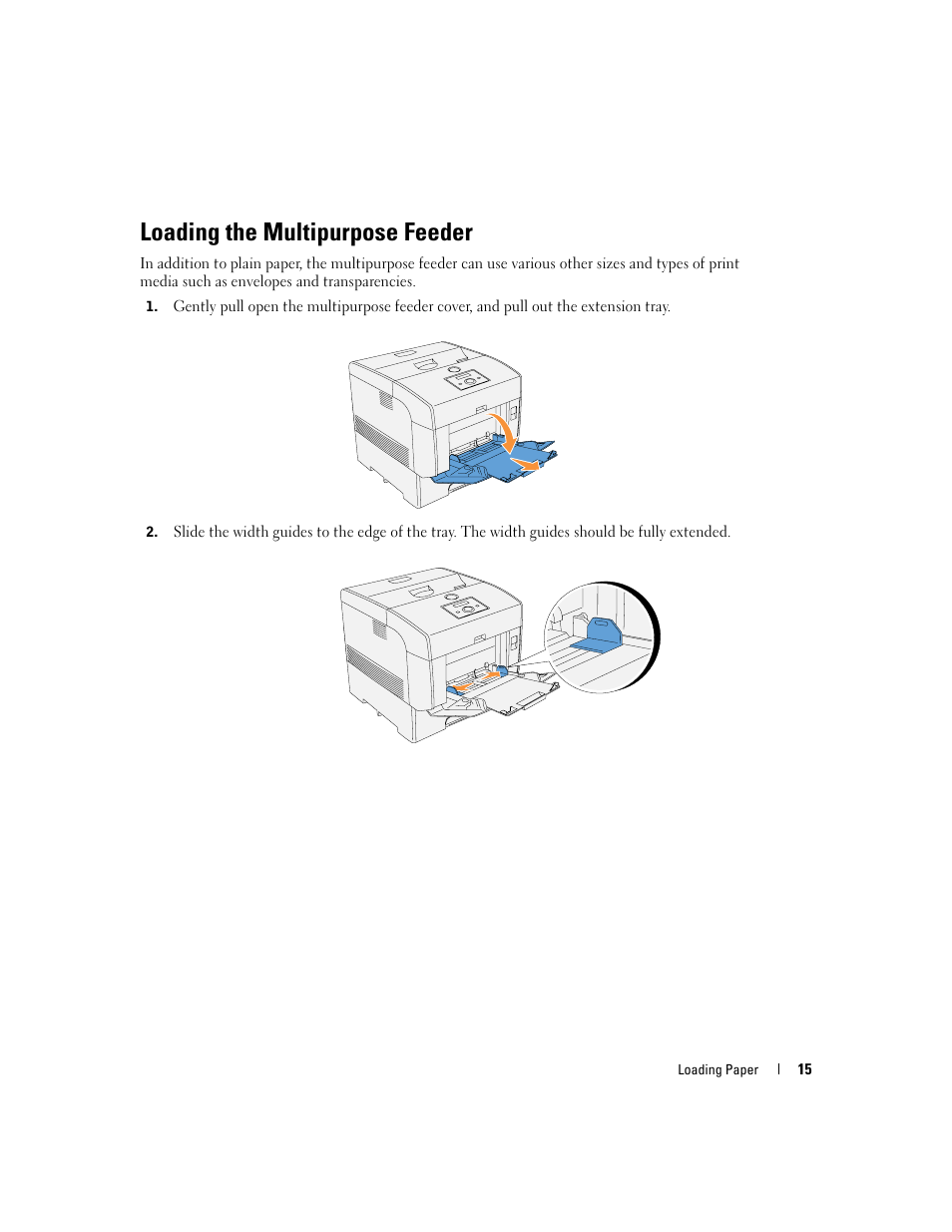 Loading the multipurpose feeder | Dell 5100cn Color Laser Printer User Manual | Page 15 / 98
