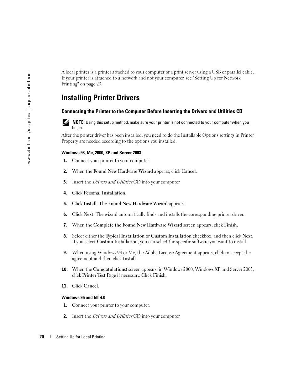 Installing printer drivers, Utilities cd | Dell 5100cn Color Laser Printer User Manual | Page 20 / 98