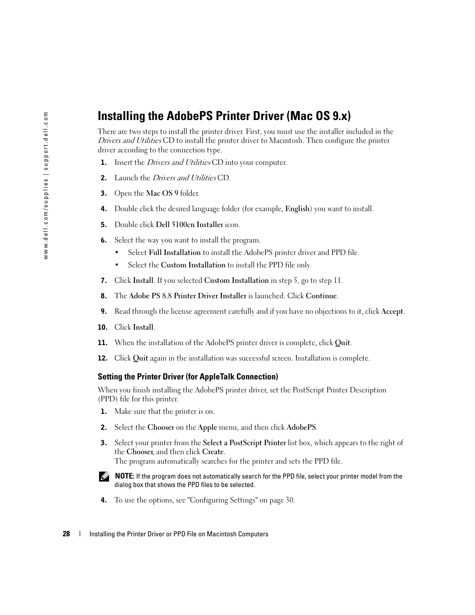 Installing the adobeps printer driver (mac os 9.x) | Dell 5100cn Color Laser Printer User Manual | Page 28 / 98